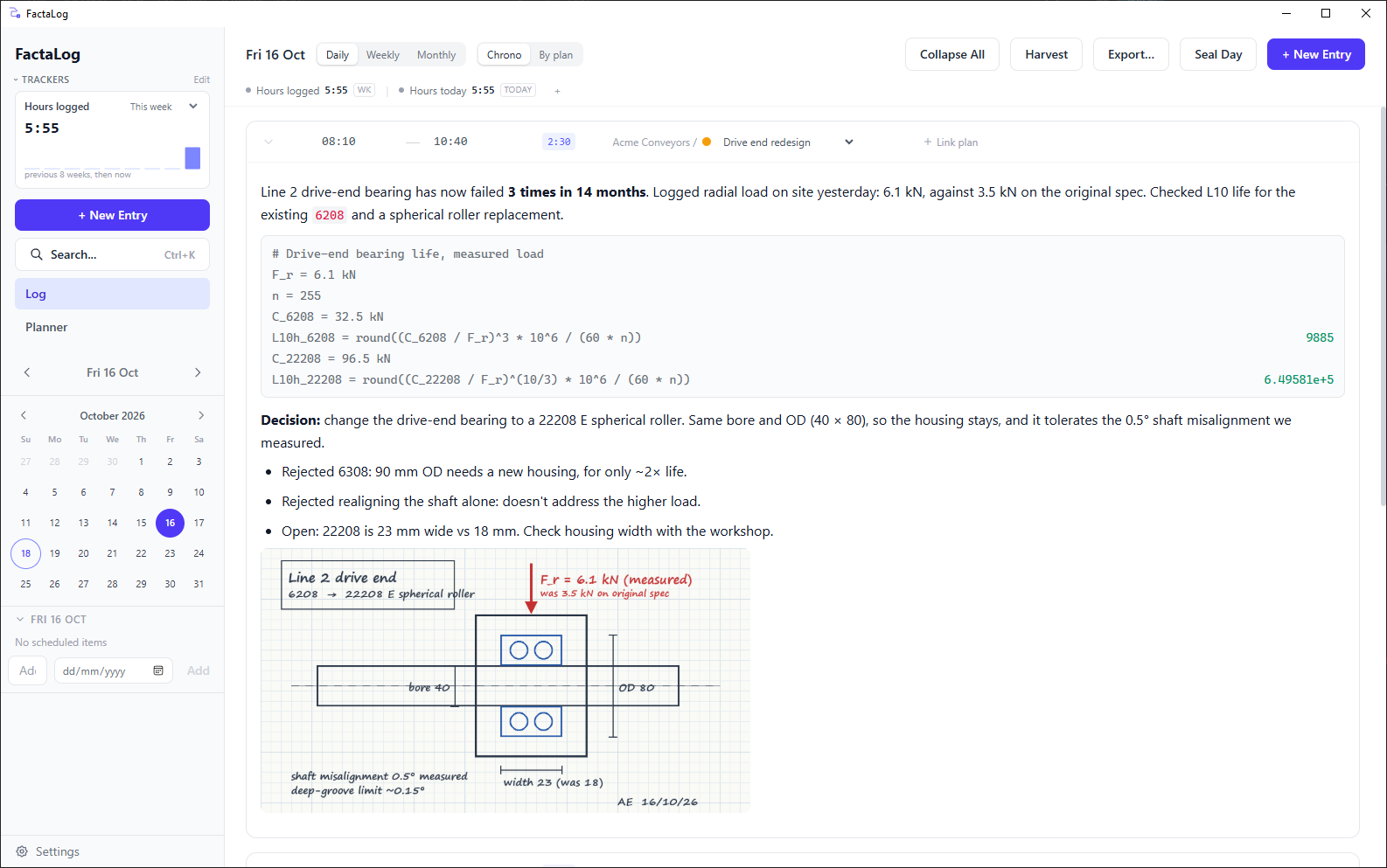 FactaLog daily log: an entry with a live bearing-life calculation, the design decision it supports, and a pasted sketch.