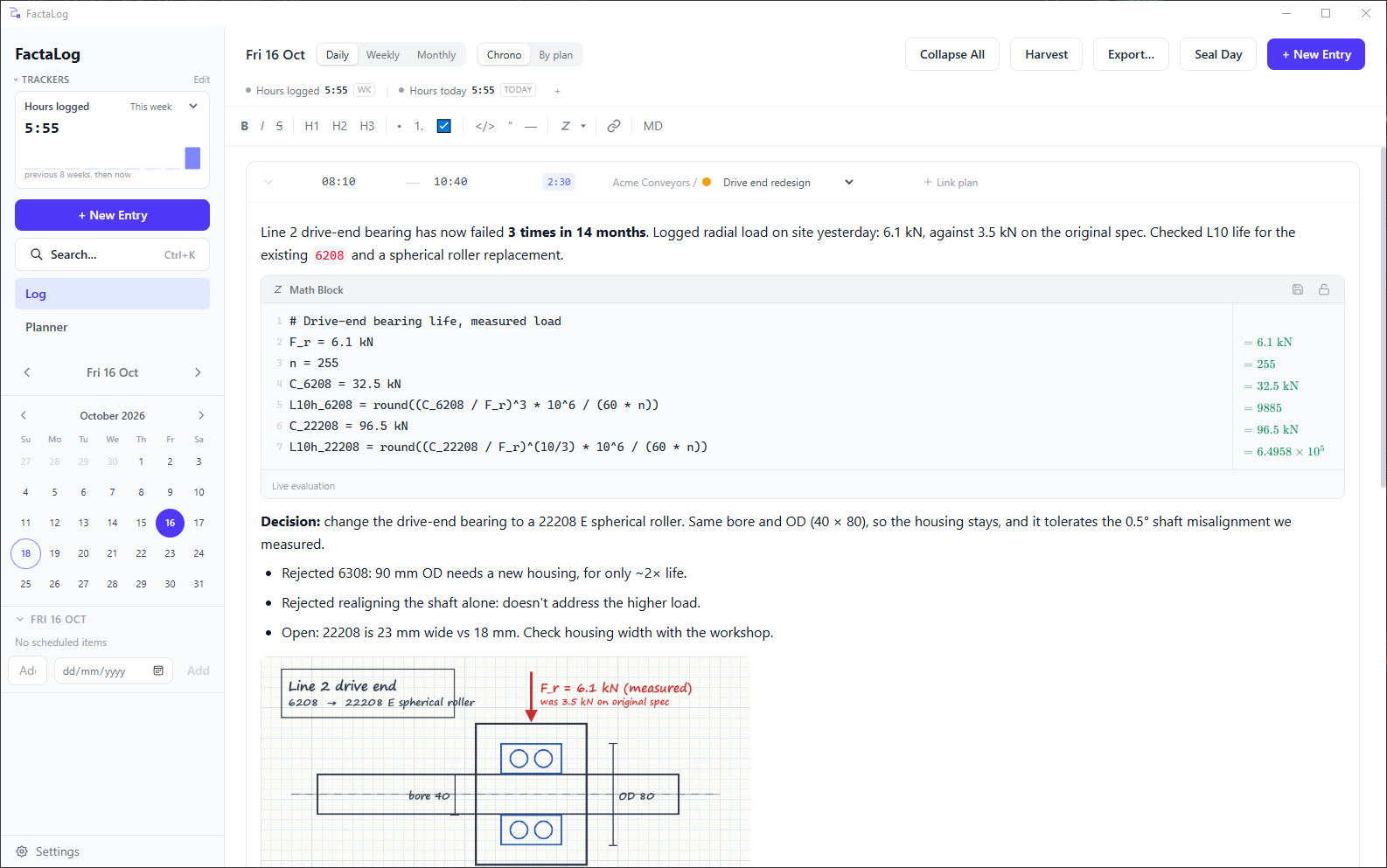 An entry being edited, with a math block evaluating a bearing-life calculation in kN line by line.