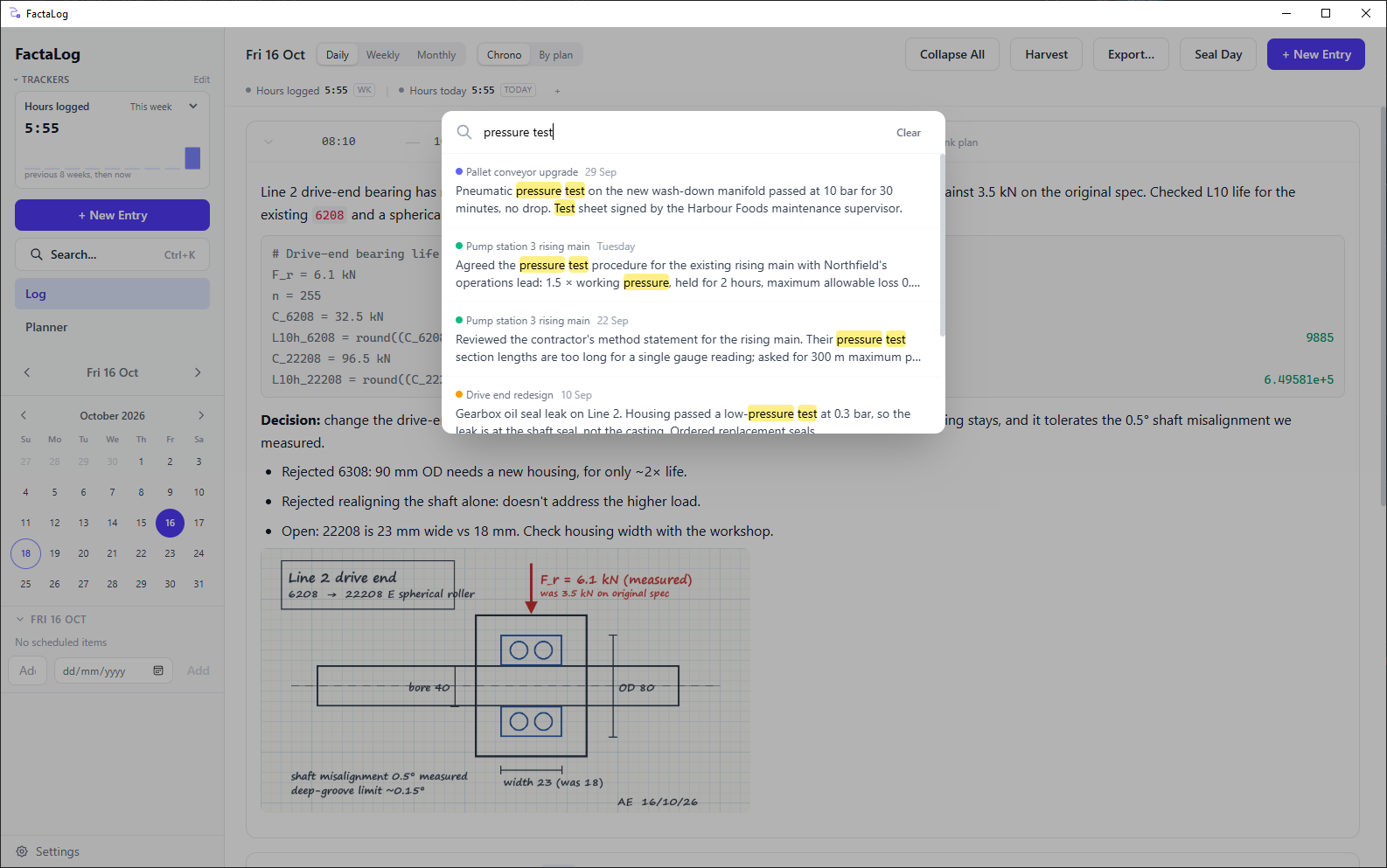 The FactaLog search overlay showing highlighted results for “pressure test” across several days and projects.